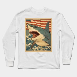 American Flag Patriotism and Freedom Great White Shark Long Sleeve T-Shirt